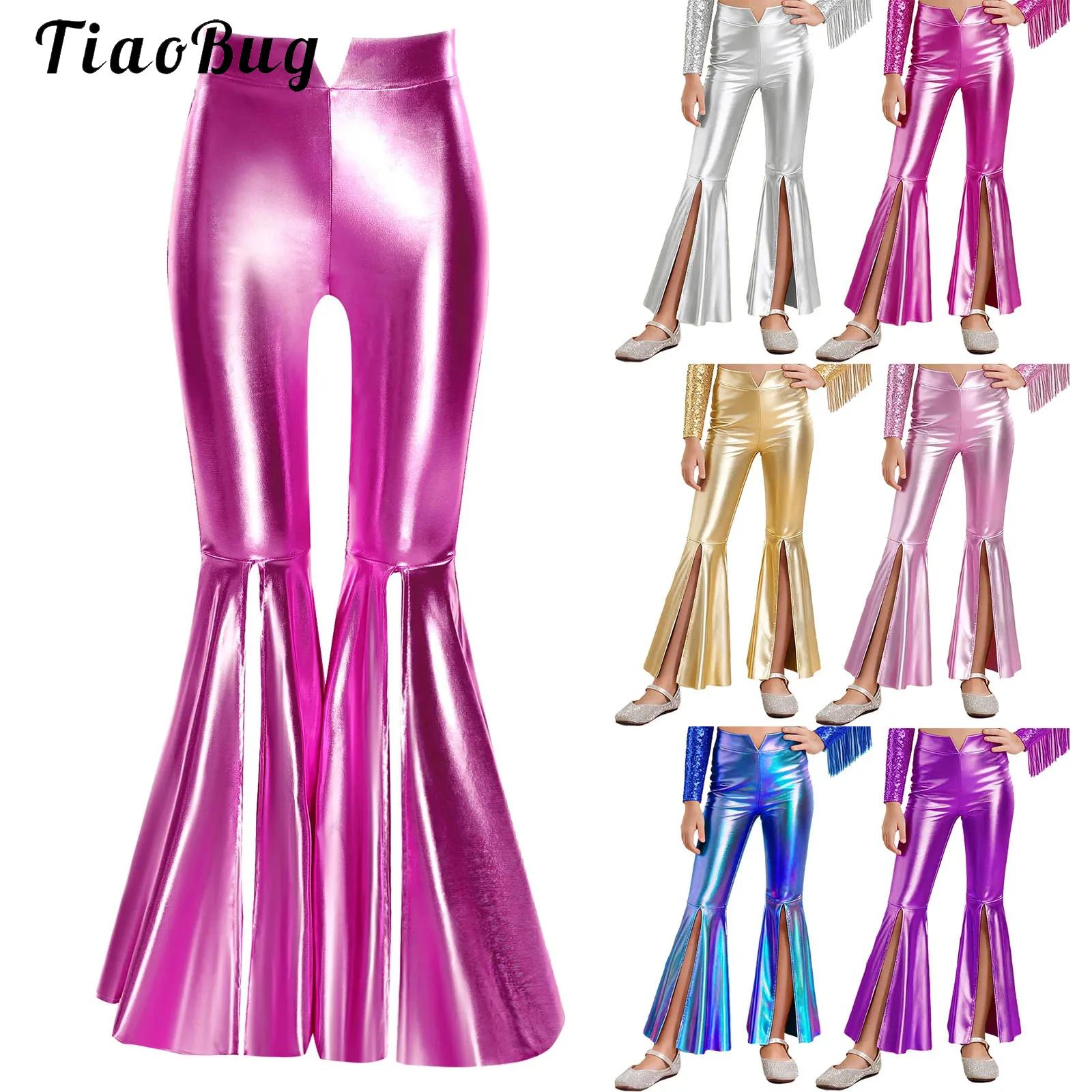 Wide Leg Trouser 70S - Leggings métalliques brillants pour filles, pantalon